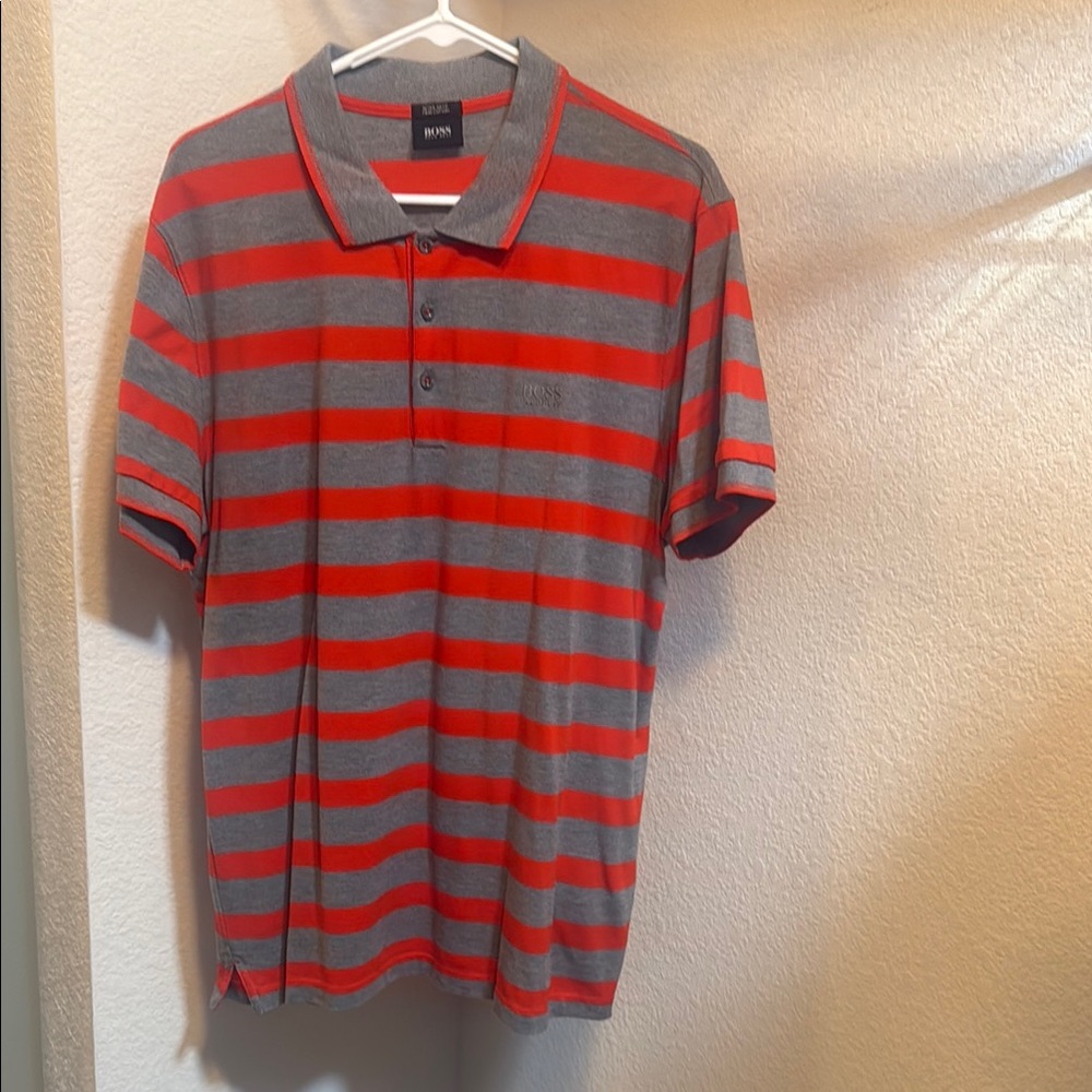 Boss Red and Gray Striped Polo Shirt